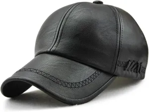 Men's PU Leather Baseball Cap with Adjustable Buckle Plain Wide Brim Hat for Autumn Winter