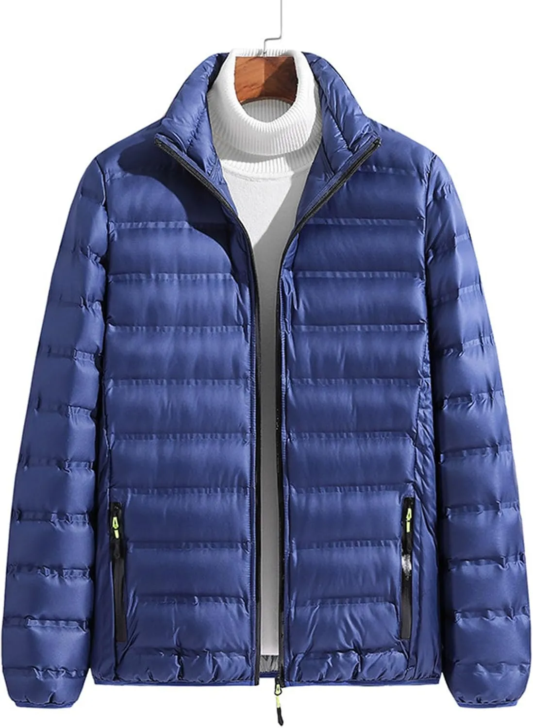Mens Quilted Jacket Packable Stand Collar Down Jacket Casual Full Zip Warm Winter Coat Waterproof Thermal Warm