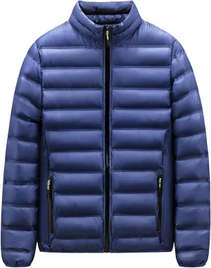 Mens Quilted Jacket Packable Stand Collar Down Jacket Casual Full Zip Warm Winter Coat Waterproof Thermal Warm