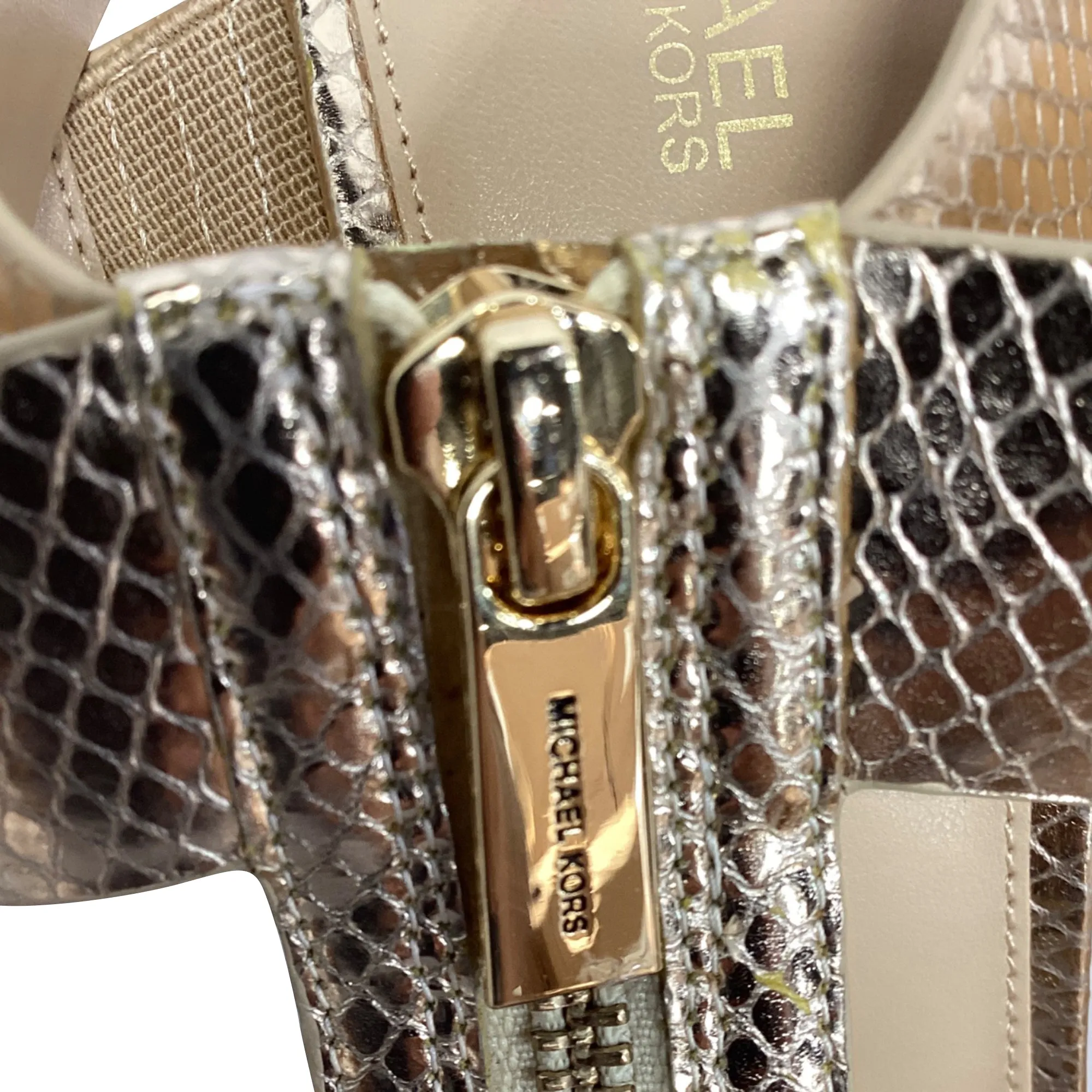 Michael Kors Berkley Platform Sandal in Pale Gold Metallic Snake Embossed Leather