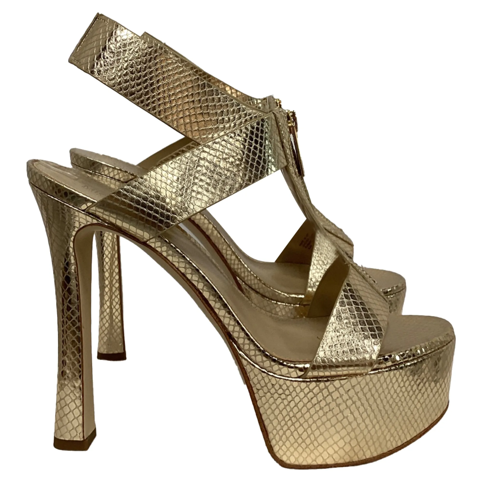 Michael Kors Berkley Platform Sandal in Pale Gold Metallic Snake Embossed Leather