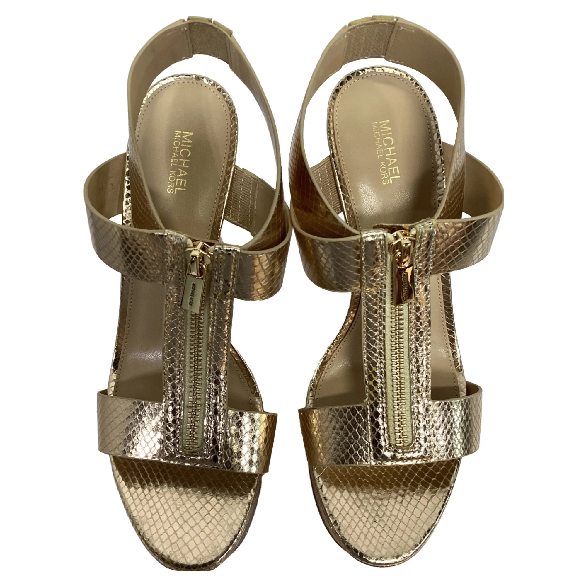 Michael Kors Berkley Platform Sandal in Pale Gold Metallic Snake Embossed Leather