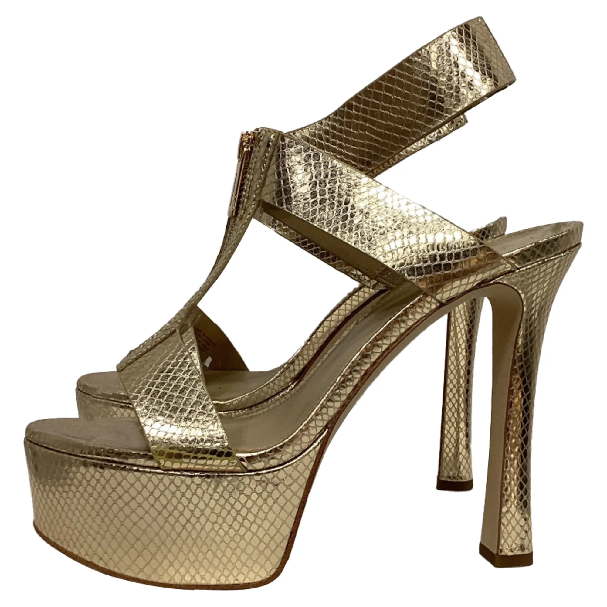 Michael Kors Berkley Platform Sandal in Pale Gold Metallic Snake Embossed Leather
