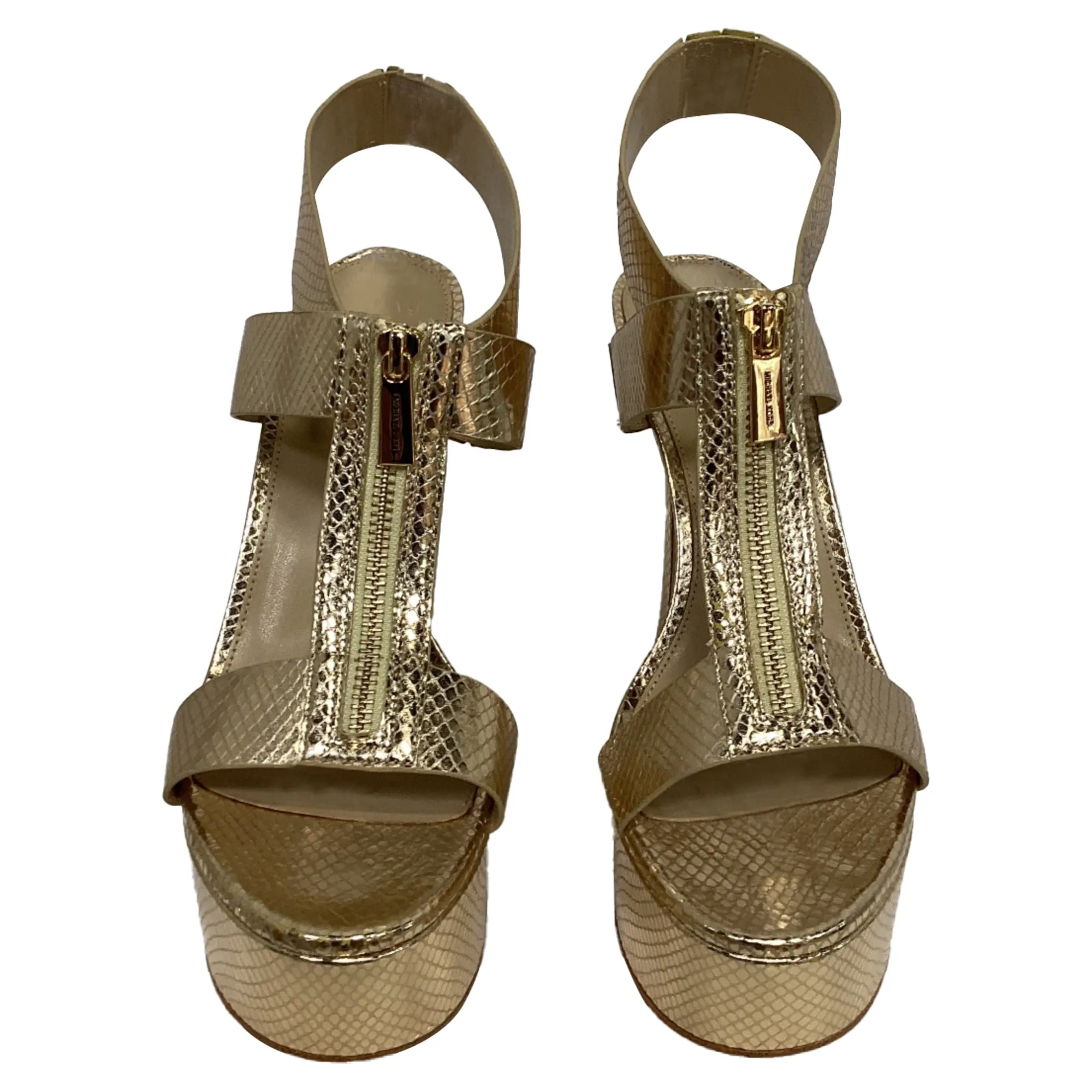 Michael Kors Berkley Platform Sandal in Pale Gold Metallic Snake Embossed Leather