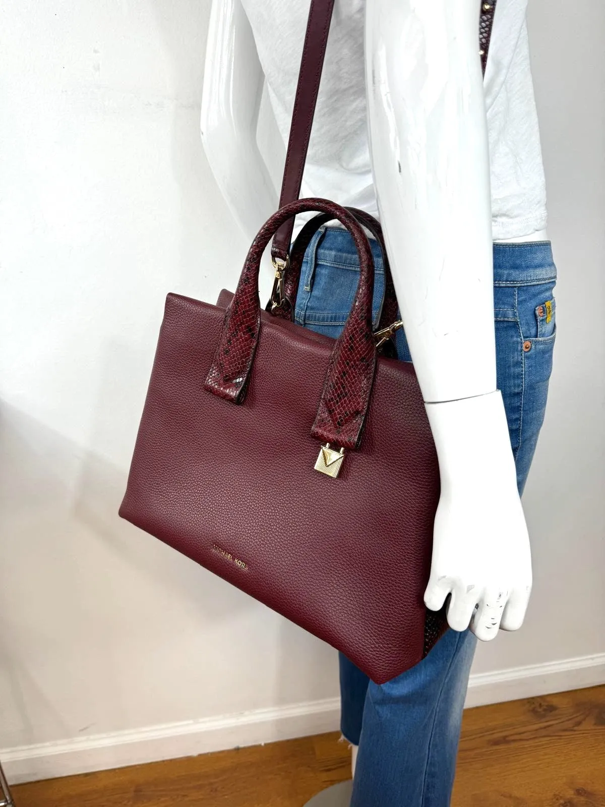 MICHAEL KORS ROLLINS SNAKE EMBOSSED LEATHER SATCHEL BAG