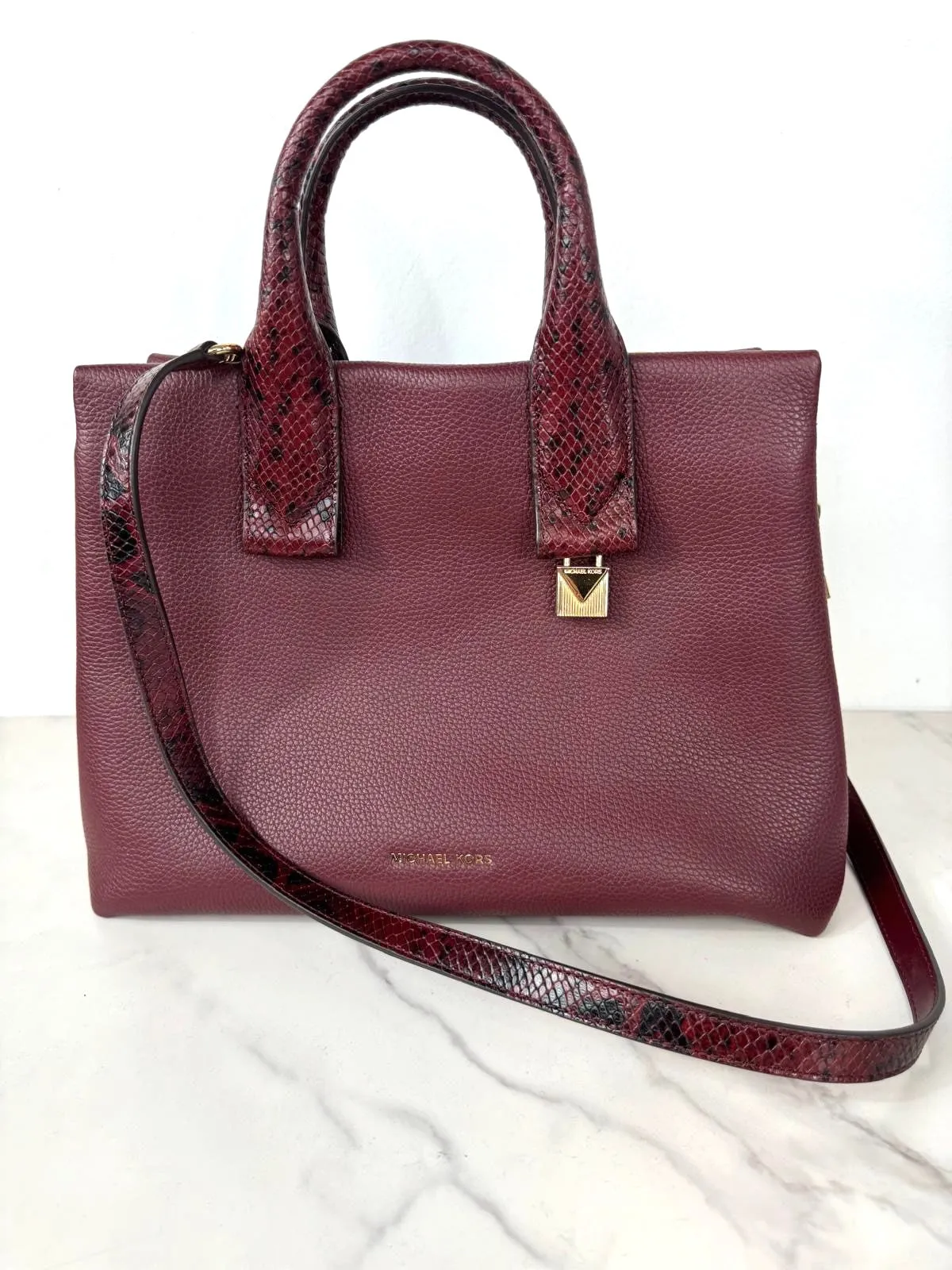MICHAEL KORS ROLLINS SNAKE EMBOSSED LEATHER SATCHEL BAG