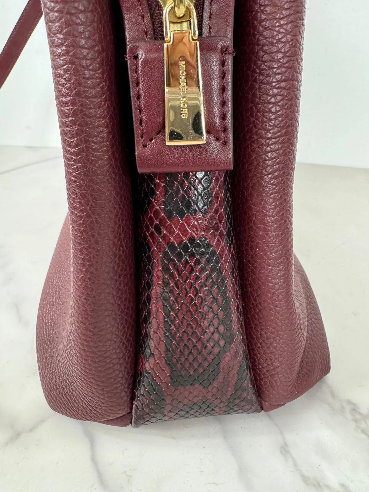 MICHAEL KORS ROLLINS SNAKE EMBOSSED LEATHER SATCHEL BAG