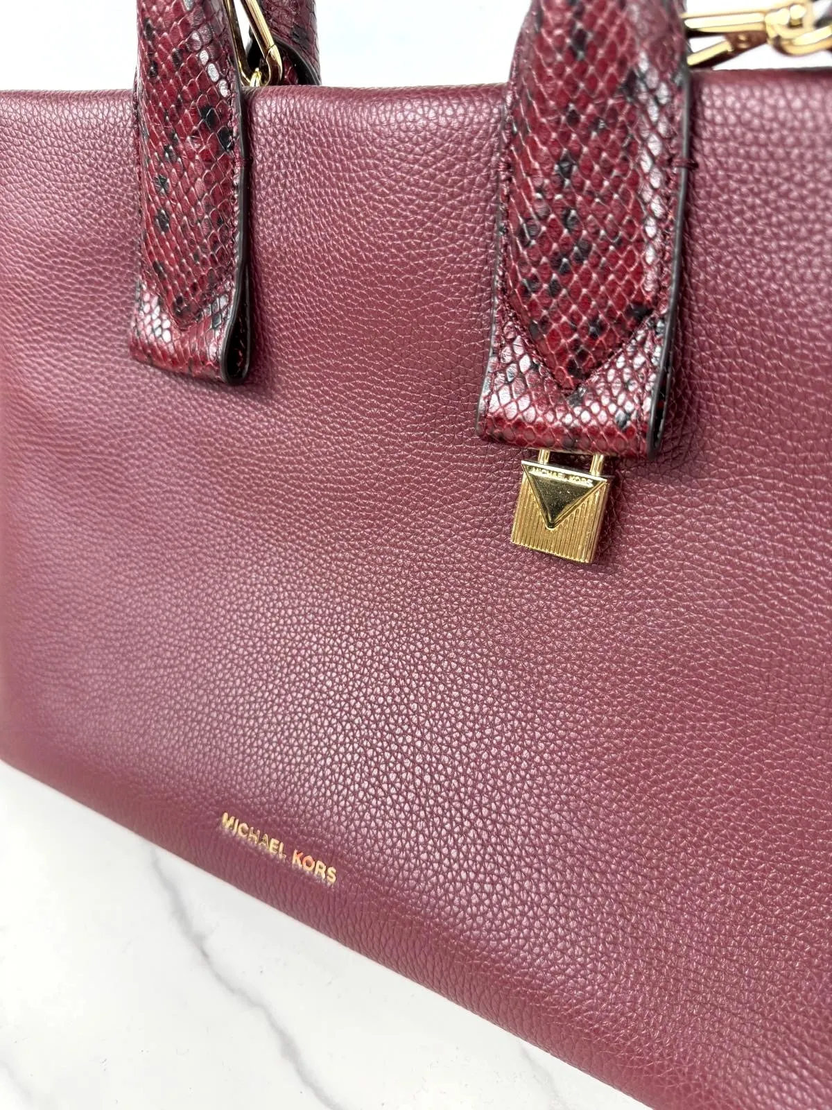MICHAEL KORS ROLLINS SNAKE EMBOSSED LEATHER SATCHEL BAG