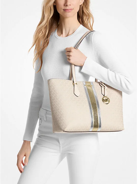 Micheal Kors Sheila Large Signature Logo and Metallic Tote Bag Pale Gold