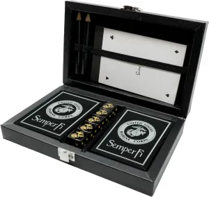 Military Gift Shop Marine Corps Playing Cards and Dice Set – Black Leather Keepsake Box, Playing Cards with USMC Rank Insignia, EGA Dice | USMC B&S Card Set
