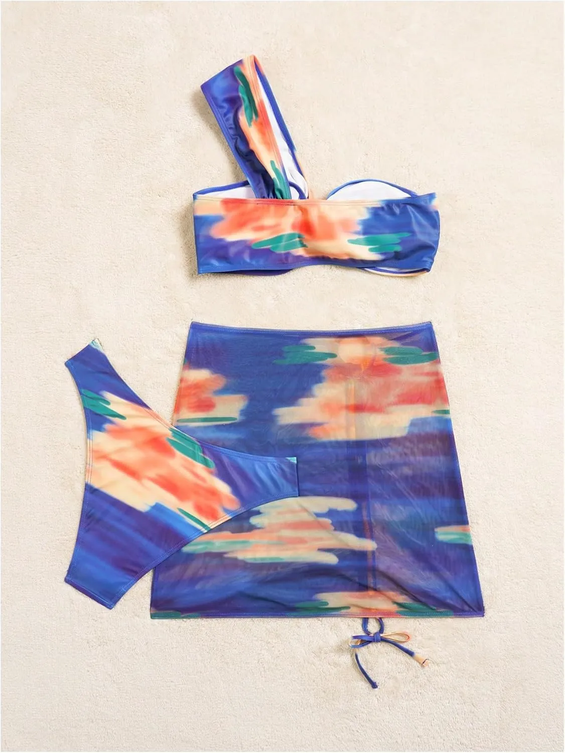 Milumia Women's 3 Pcs Tie Dye One Shoulder Ruched Bikini Set with Beach Skirt