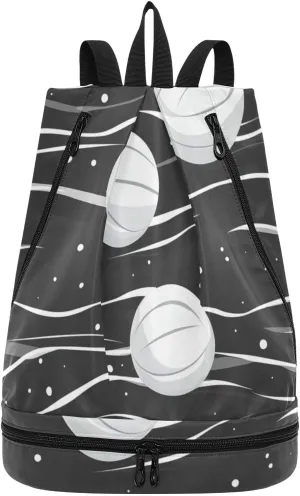 minimalist wave lines balls black Drawstring string bag hiking bag for gym with Wet Dry Compartments