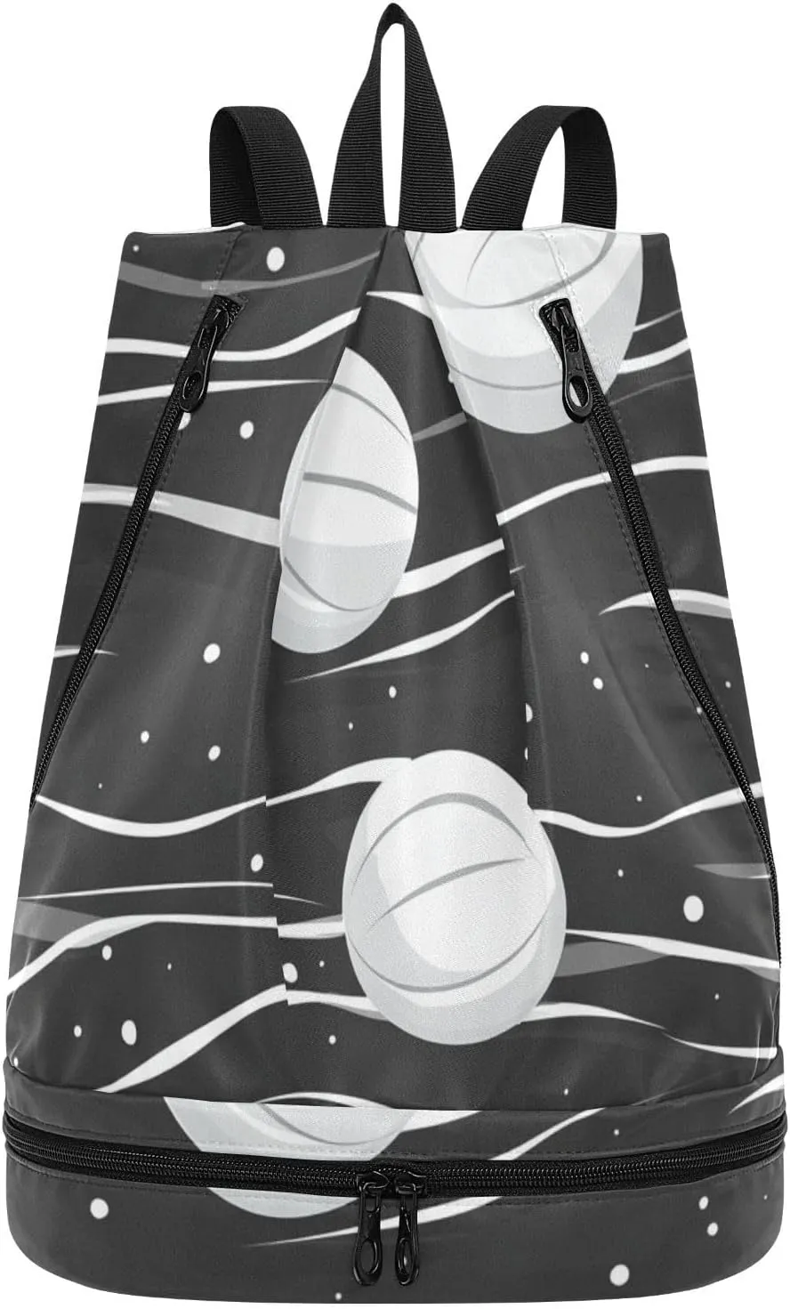 minimalist wave lines balls black Drawstring string bag hiking bag for gym with Wet Dry Compartments