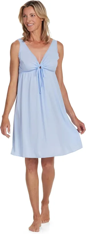 Miss Elaine Short Nylon Tricot Nightgown, Silky Fitted Vintage-Style with Keyhole V-neckline, Sleepwear & Loungewear