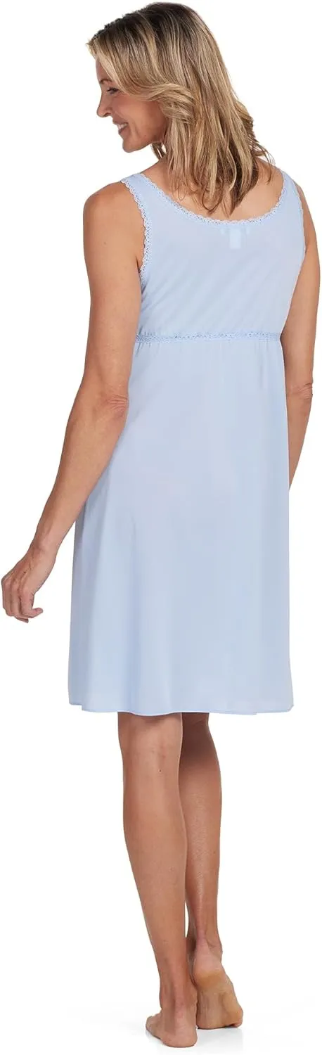 Miss Elaine Short Nylon Tricot Nightgown, Silky Fitted Vintage-Style with Keyhole V-neckline, Sleepwear & Loungewear