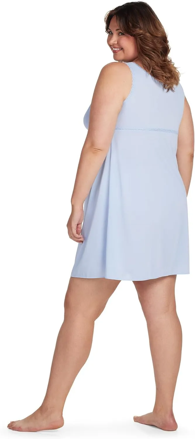 Miss Elaine Short Nylon Tricot Nightgown, Silky Fitted Vintage-Style with Keyhole V-neckline, Sleepwear & Loungewear