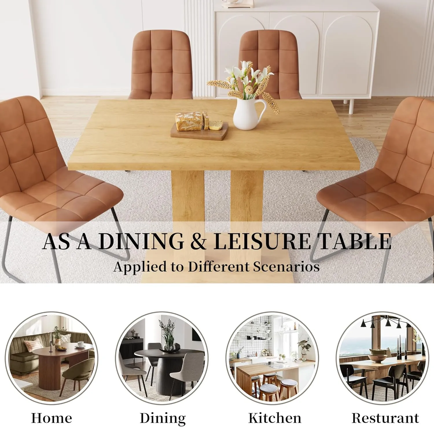 Modern 46'' Kitchen Dining Table and Chairs, 5 Piece Rectangular Dining Set for Home, Kitchen, Living Dining Room (Oak Table   4 U-Shaped Brown Chairs)
