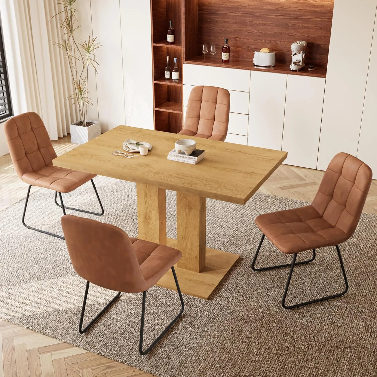 Modern 46'' Kitchen Dining Table and Chairs, 5 Piece Rectangular Dining Set for Home, Kitchen, Living Dining Room (Oak Table   4 U-Shaped Brown Chairs)