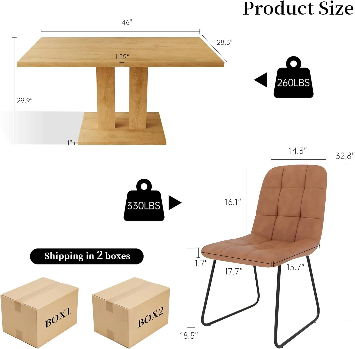 Modern 46'' Kitchen Dining Table and Chairs, 5 Piece Rectangular Dining Set for Home, Kitchen, Living Dining Room (Oak Table   4 U-Shaped Brown Chairs)