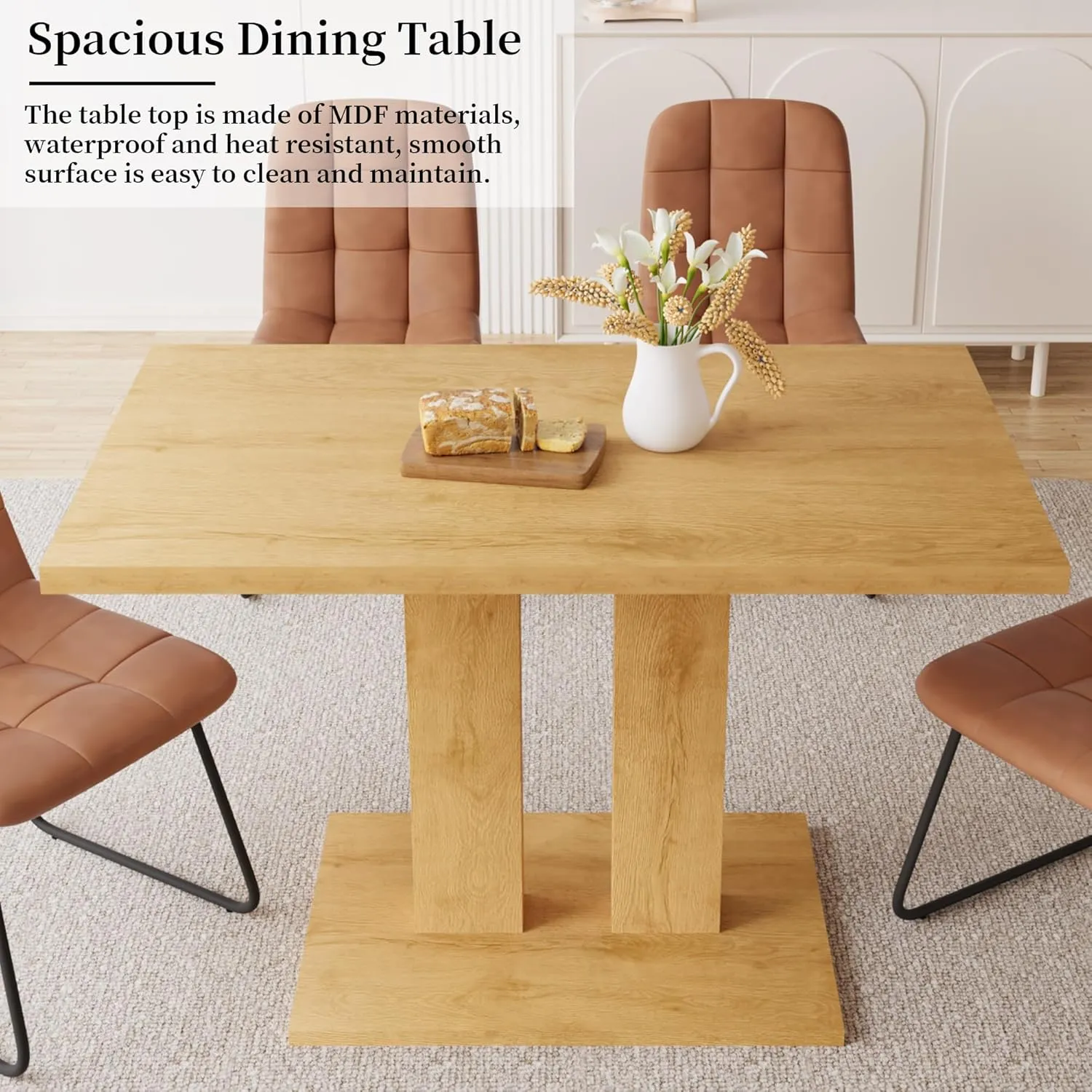 Modern 46'' Kitchen Dining Table and Chairs, 5 Piece Rectangular Dining Set for Home, Kitchen, Living Dining Room (Oak Table   4 U-Shaped Brown Chairs)