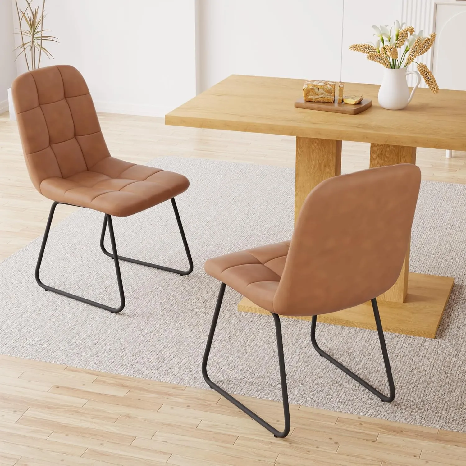 Modern 46'' Kitchen Dining Table and Chairs, 5 Piece Rectangular Dining Set for Home, Kitchen, Living Dining Room (Oak Table   4 U-Shaped Brown Chairs)
