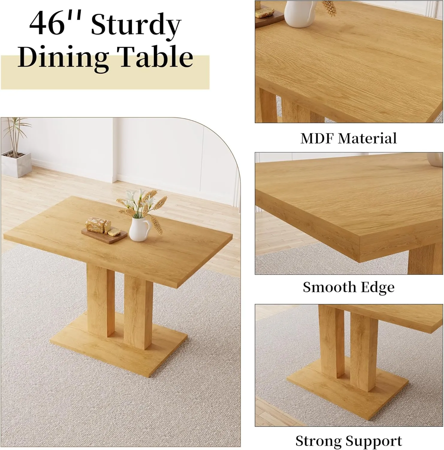 Modern 46'' Kitchen Dining Table and Chairs, 5 Piece Rectangular Dining Set for Home, Kitchen, Living Dining Room (Oak Table   4 U-Shaped Brown Chairs)