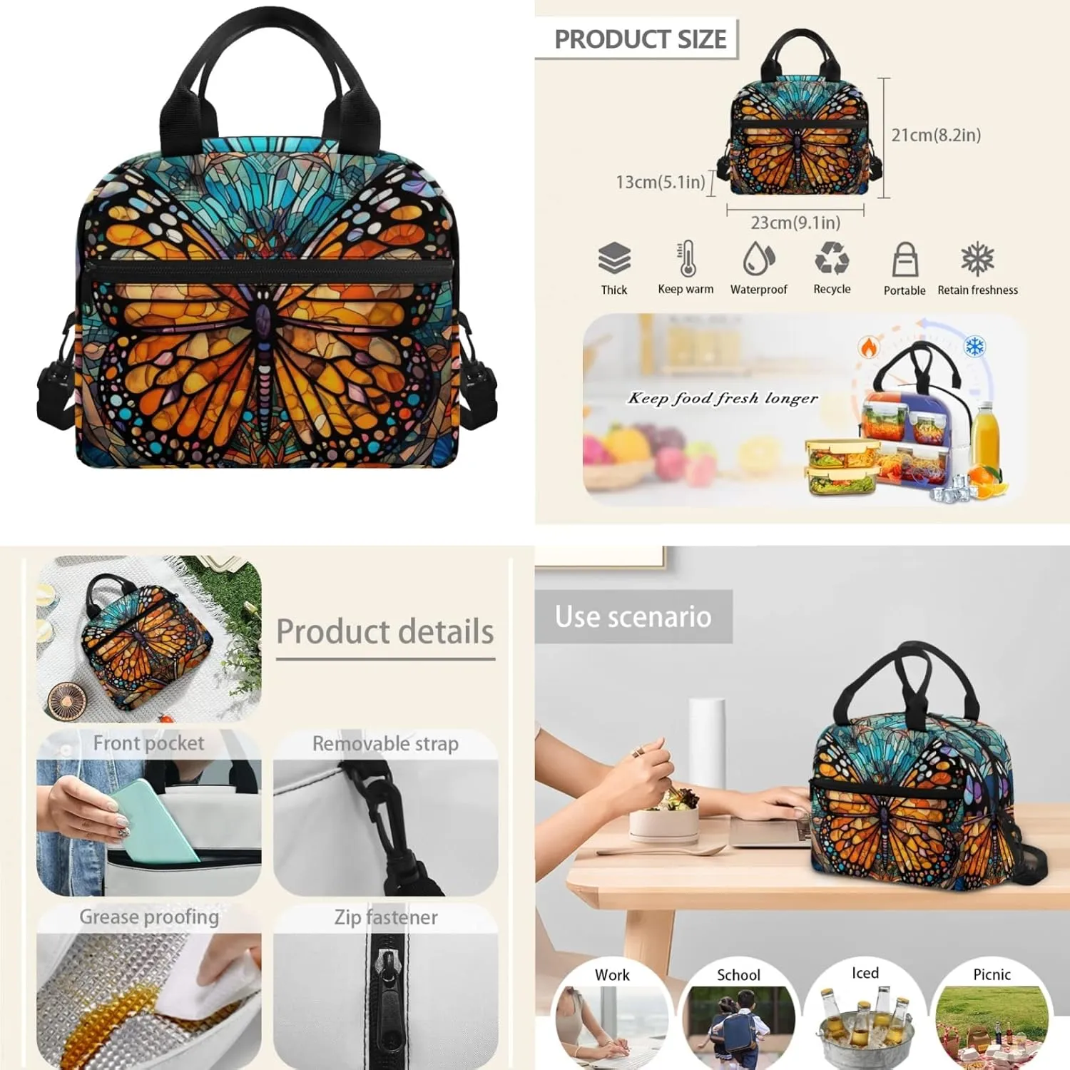 Monarch Butterfly Stained Glass Middle School Bookbag 3 Piece Set Colorful Butterflies Schoolbag/Crossbody Lunch Bag/Pencil Bag Students School Bag Packs Satchel for Schoolbag Kids