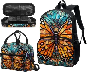 Monarch Butterfly Stained Glass Middle School Bookbag 3 Piece Set Colorful Butterflies Schoolbag/Crossbody Lunch Bag/Pencil Bag Students School Bag Packs Satchel for Schoolbag Kids