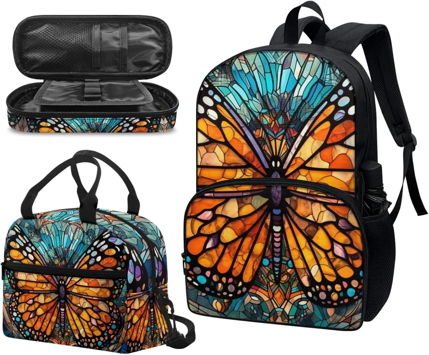 Monarch Butterfly Stained Glass Middle School Bookbag 3 Piece Set Colorful Butterflies Schoolbag/Crossbody Lunch Bag/Pencil Bag Students School Bag Packs Satchel for Schoolbag Kids