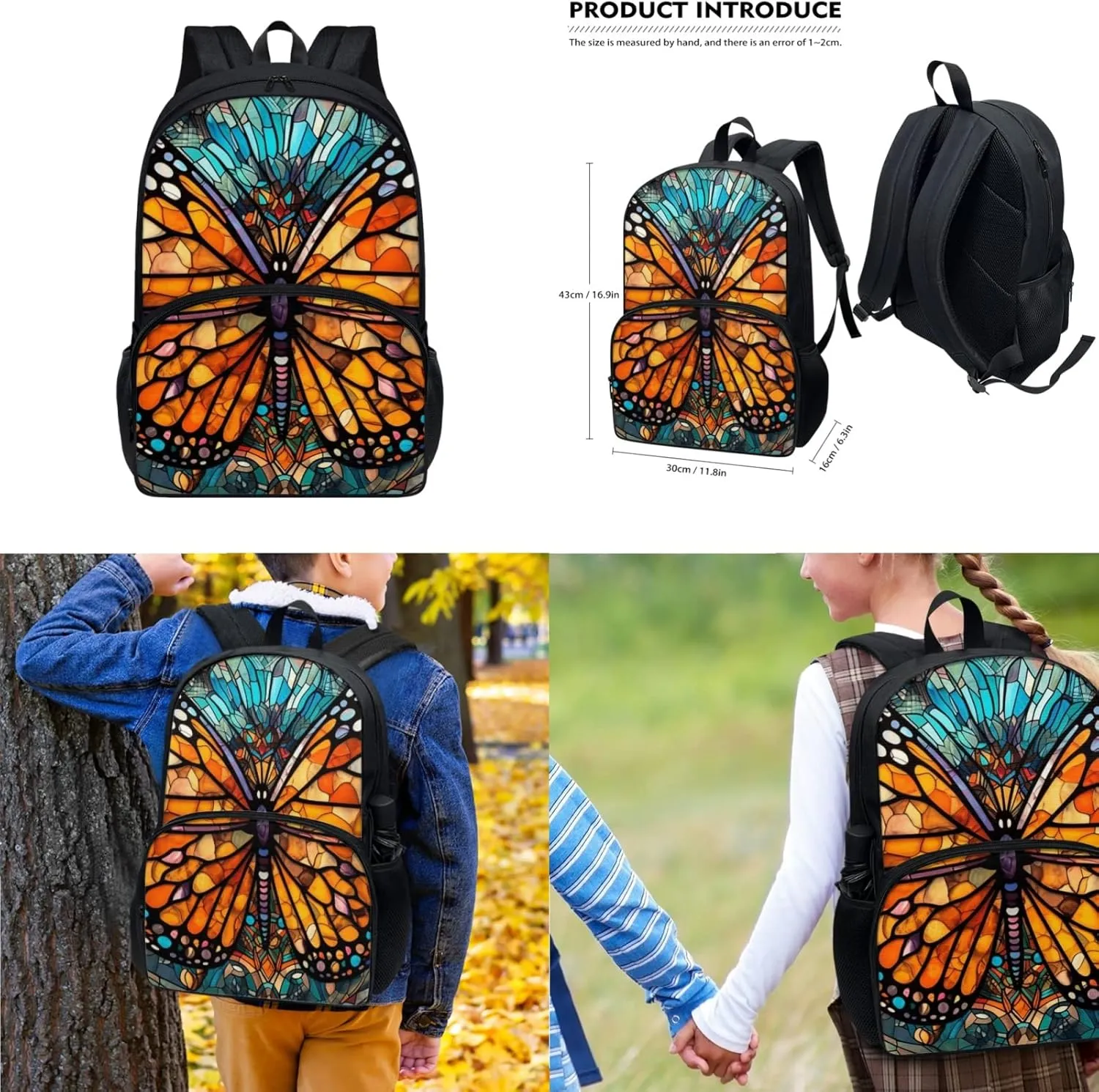 Monarch Butterfly Stained Glass Middle School Bookbag 3 Piece Set Colorful Butterflies Schoolbag/Crossbody Lunch Bag/Pencil Bag Students School Bag Packs Satchel for Schoolbag Kids