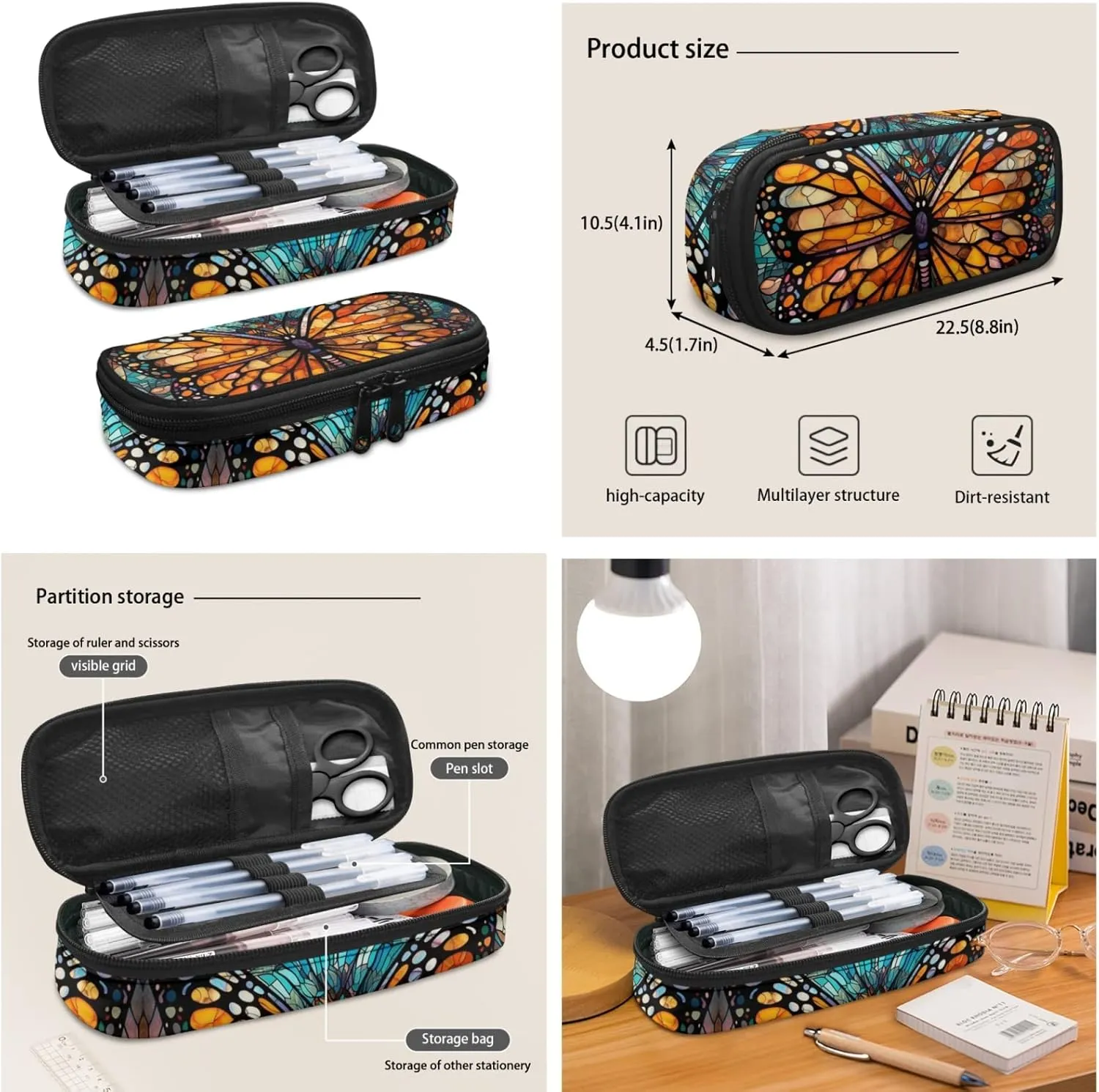 Monarch Butterfly Stained Glass Middle School Bookbag 3 Piece Set Colorful Butterflies Schoolbag/Crossbody Lunch Bag/Pencil Bag Students School Bag Packs Satchel for Schoolbag Kids