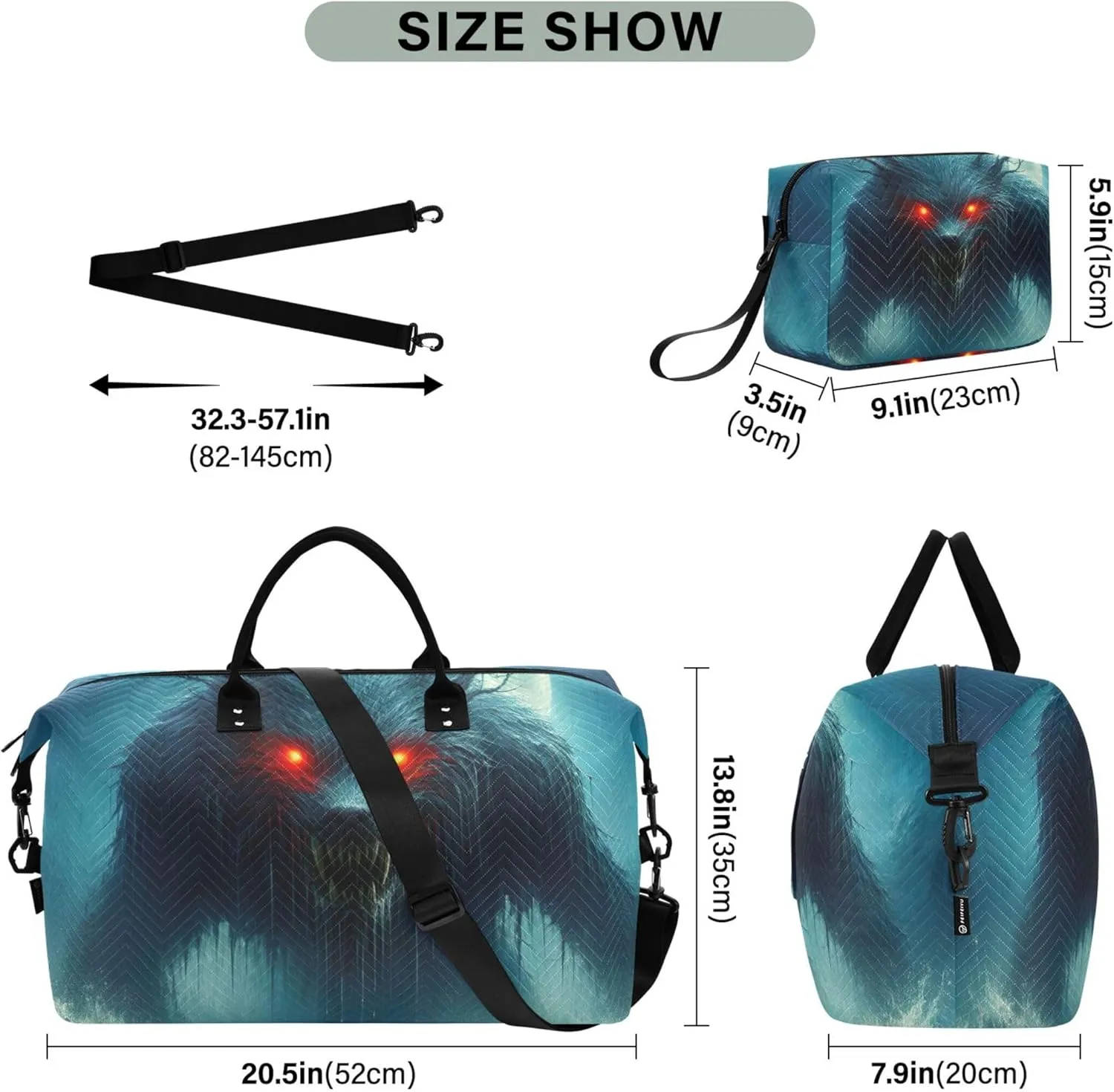 Monster Beast Print Travel Duffel Bag Cosmetic Bag Set of 2, Print Women Sports Dance Bag Carry on Bag
