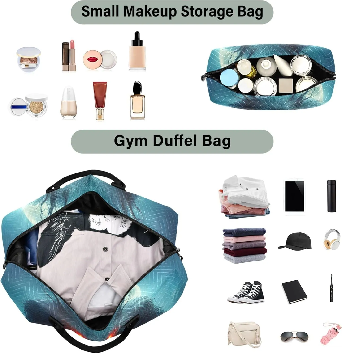 Monster Beast Print Travel Duffel Bag Cosmetic Bag Set of 2, Print Women Sports Dance Bag Carry on Bag