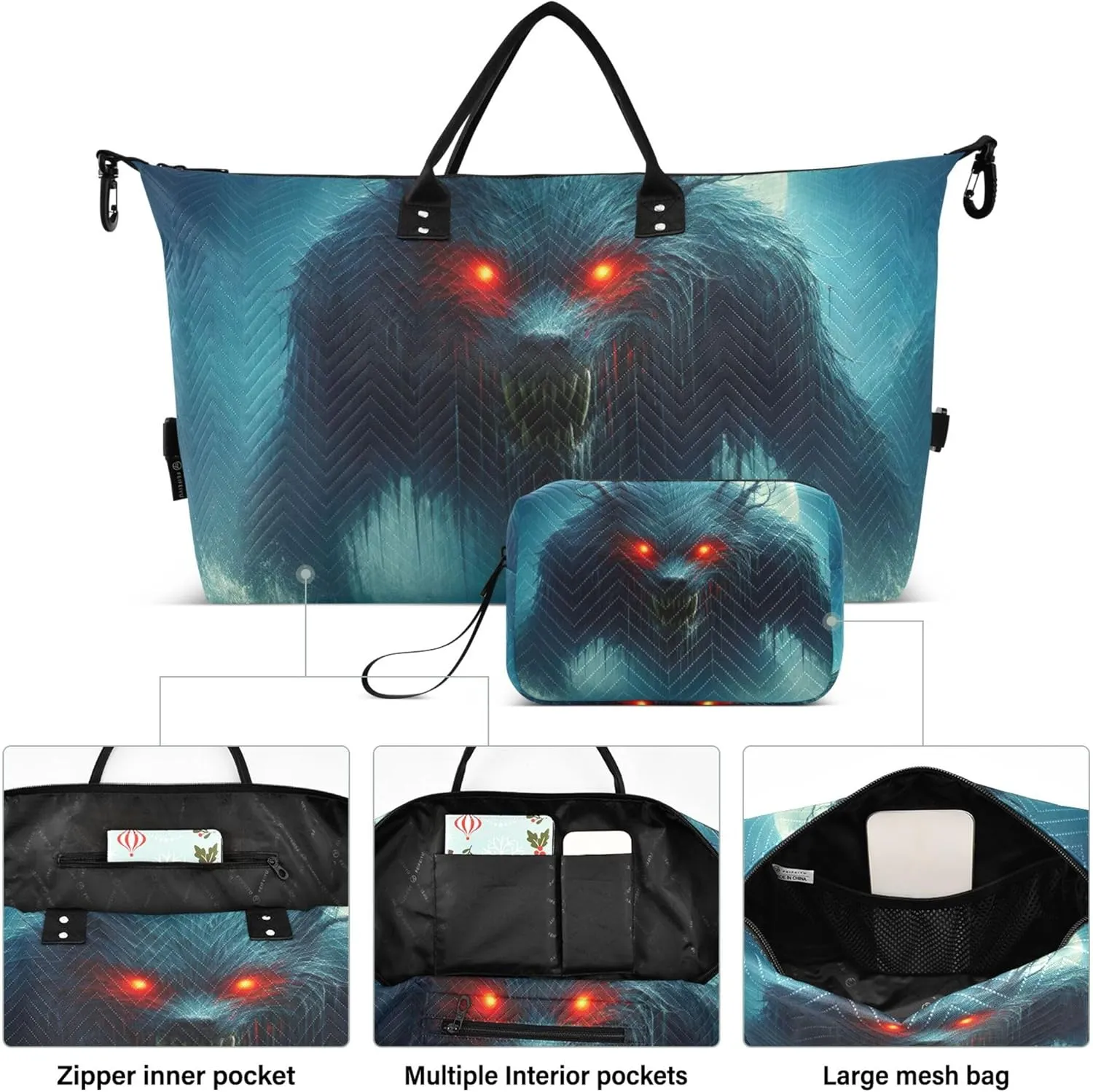 Monster Beast Print Travel Duffel Bag Cosmetic Bag Set of 2, Print Women Sports Dance Bag Carry on Bag