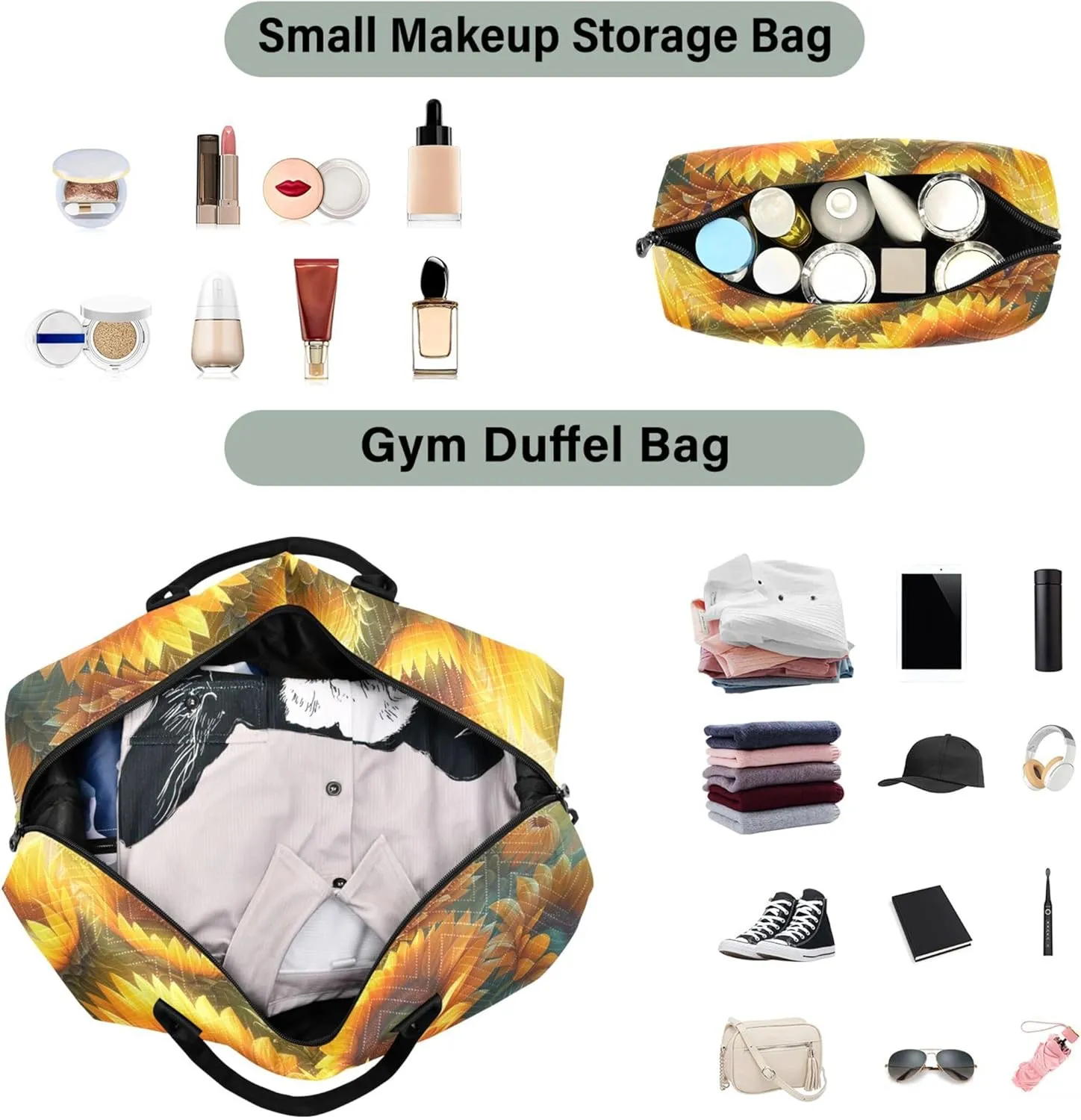 Mother's Day Sunflowers Travel Bag Duffel Make up Bags Set of 2, Print Gym Bag Small Carry on Duffle
