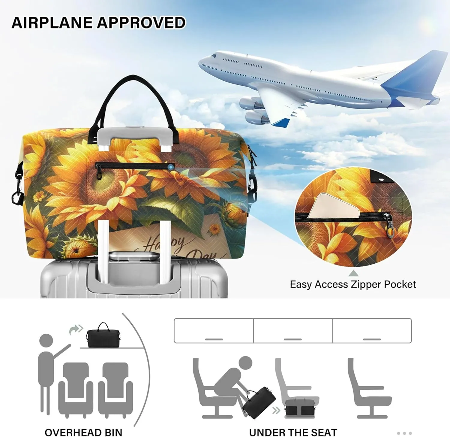 Mother's Day Sunflowers Travel Bag Duffel Make up Bags Set of 2, Print Gym Bag Small Carry on Duffle