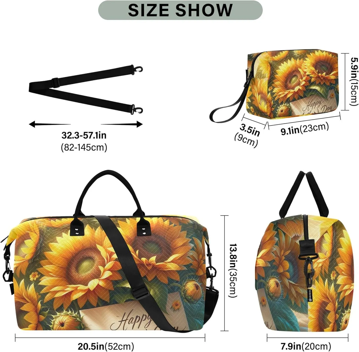 Mother's Day Sunflowers Travel Bag Duffel Make up Bags Set of 2, Print Gym Bag Small Carry on Duffle