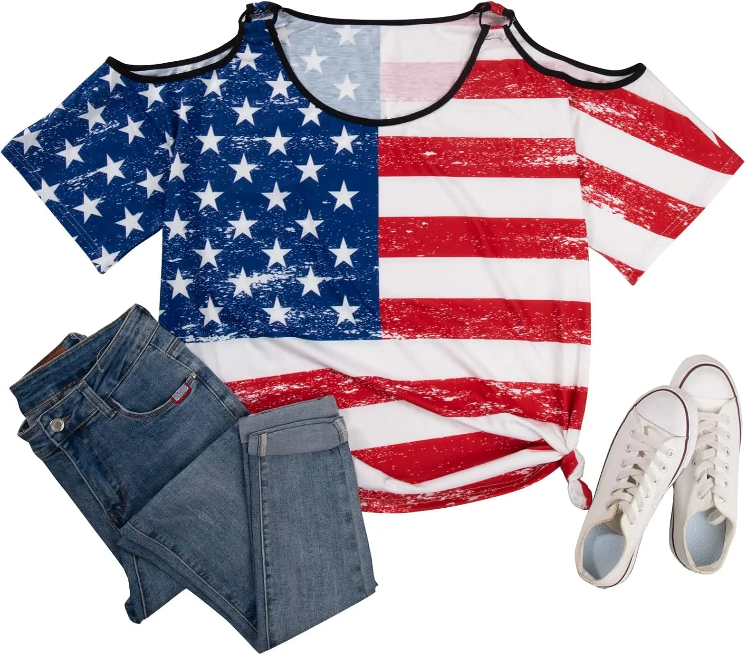 MYHALF Plus Size American Flag Shirt Womens 4th of July Tee USA Flag Tie-Dye Print Shirt Cold Shoulder Patriotic Tops