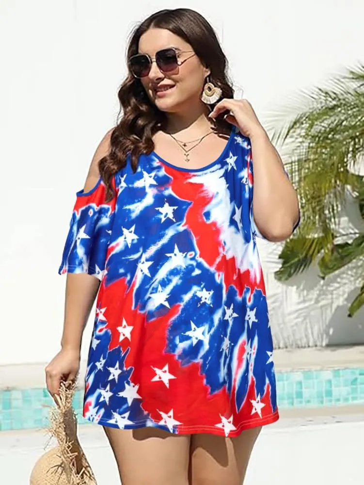 MYHALF Plus Size American Flag Shirt Womens 4th of July Tee USA Flag Tie-Dye Print Shirt Cold Shoulder Patriotic Tops
