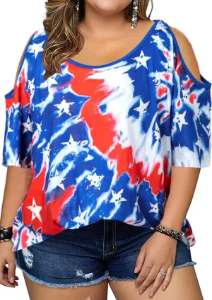 MYHALF Plus Size American Flag Shirt Womens 4th of July Tee USA Flag Tie-Dye Print Shirt Cold Shoulder Patriotic Tops