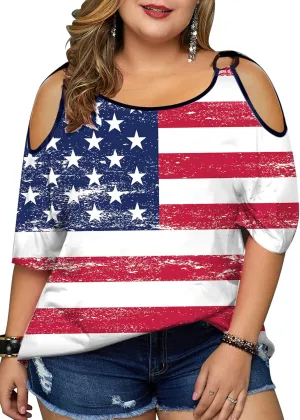 MYHALF Plus Size American Flag Shirt Womens 4th of July Tee USA Flag Tie-Dye Print Shirt Cold Shoulder Patriotic Tops