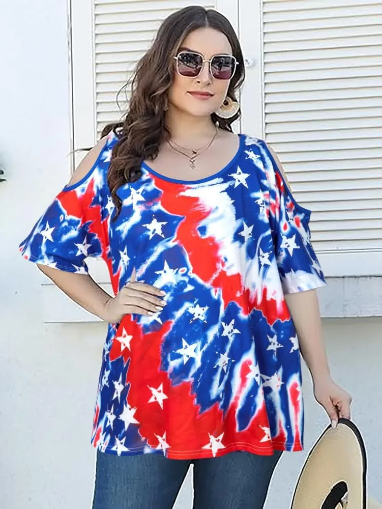 MYHALF Plus Size American Flag Shirt Womens 4th of July Tee USA Flag Tie-Dye Print Shirt Cold Shoulder Patriotic Tops