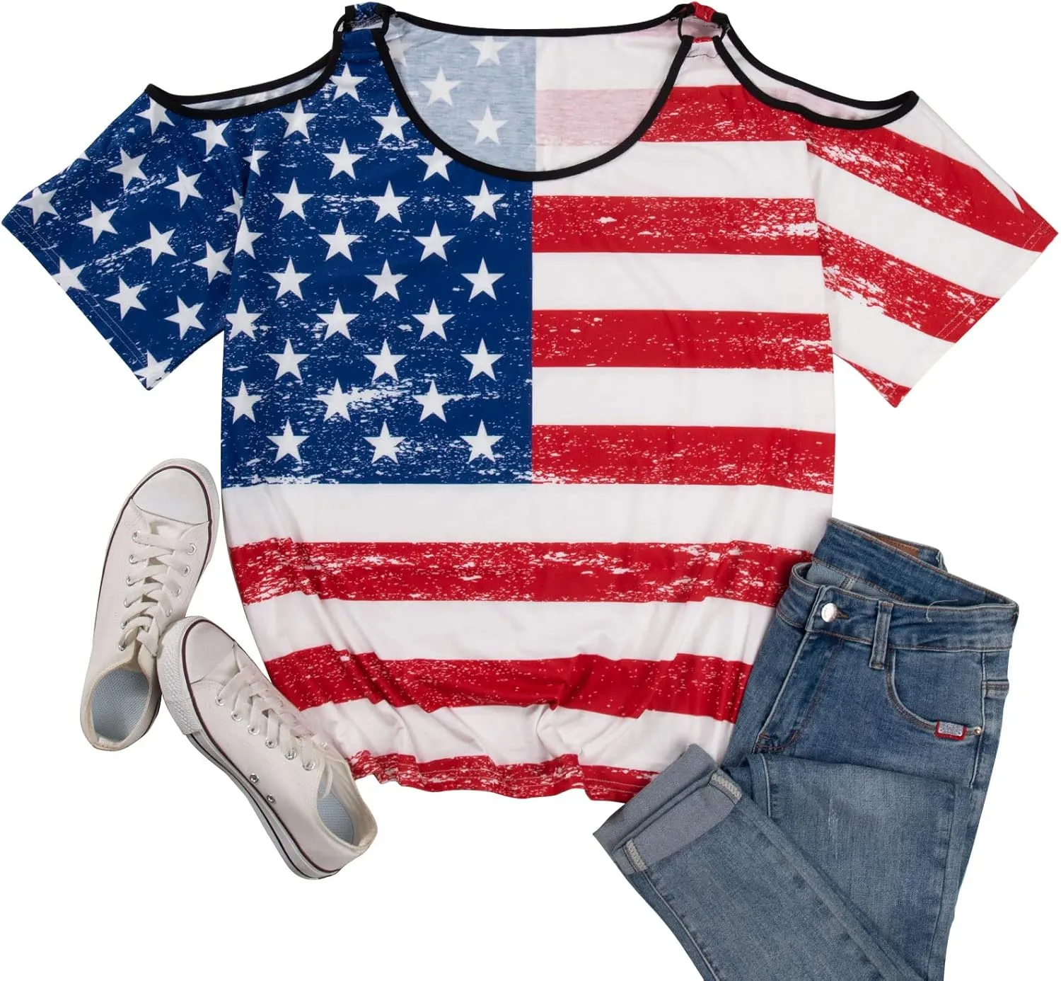 MYHALF Plus Size American Flag Shirt Womens 4th of July Tee USA Flag Tie-Dye Print Shirt Cold Shoulder Patriotic Tops