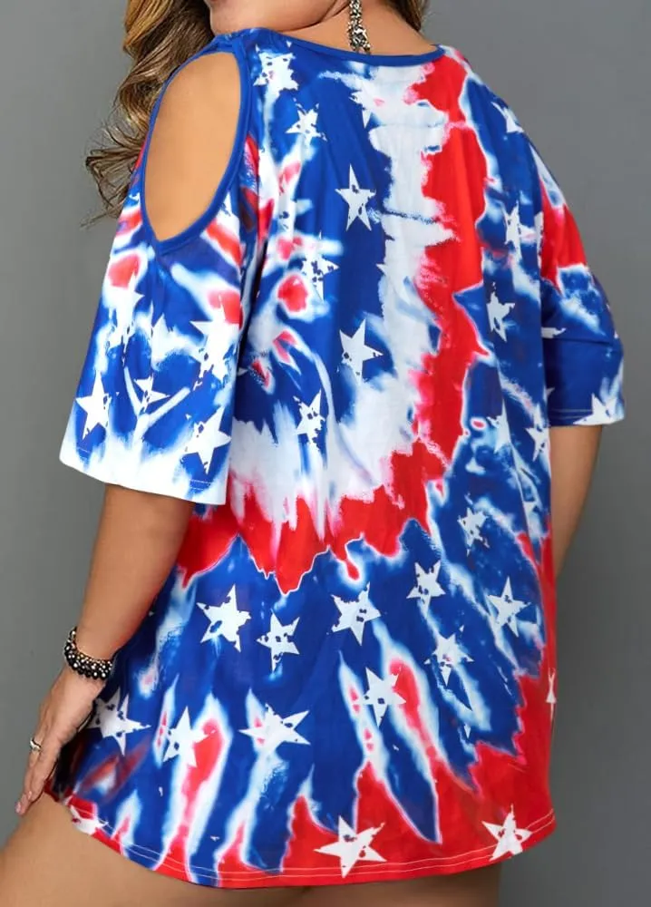 MYHALF Plus Size American Flag Shirt Womens 4th of July Tee USA Flag Tie-Dye Print Shirt Cold Shoulder Patriotic Tops