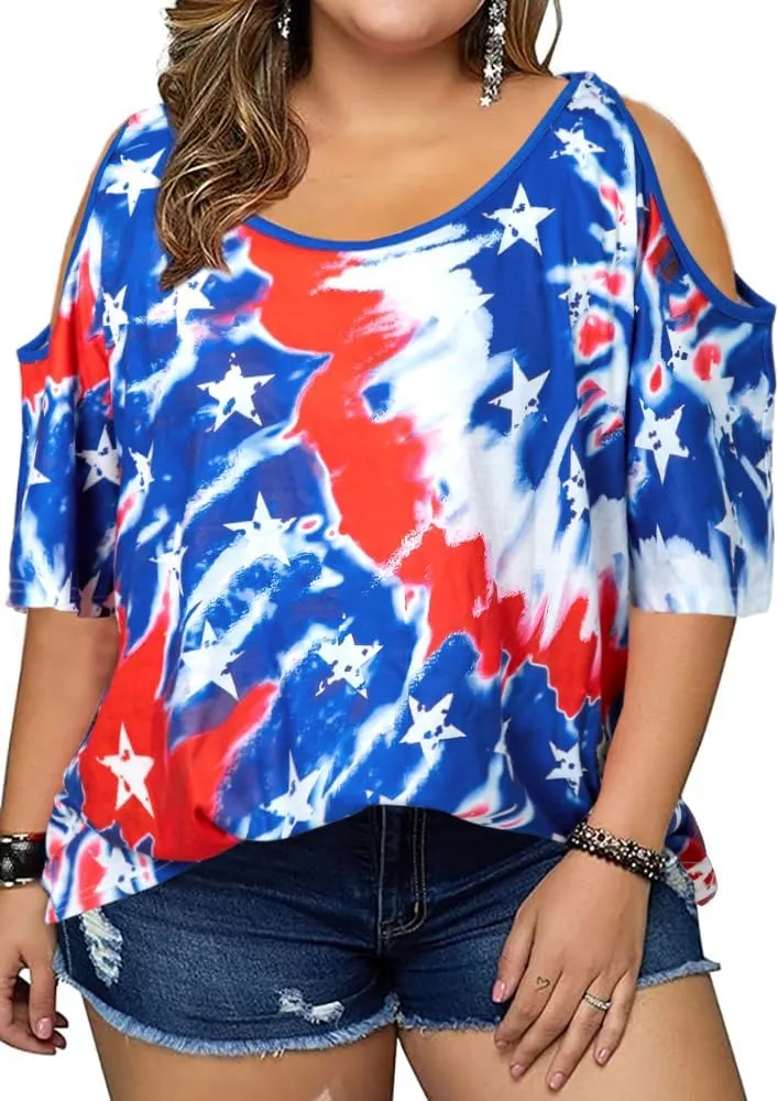 MYHALF Plus Size American Flag Shirt Womens 4th of July Tee USA Flag Tie-Dye Print Shirt Cold Shoulder Patriotic Tops
