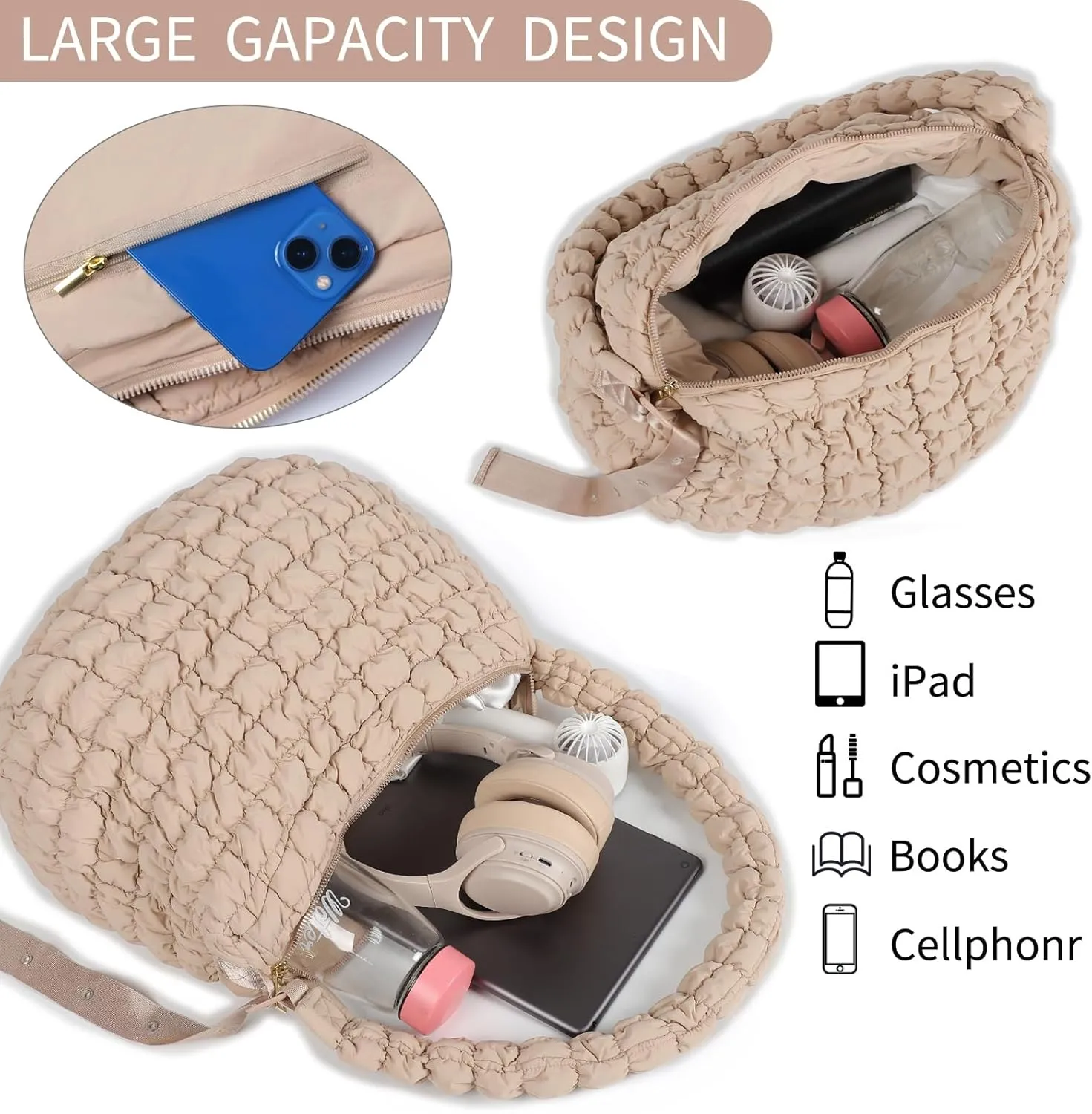 NAARIIAN Puffer bag Lightweight Quilted Tote Bags Puffy shoulder bag for Women Crossbody purse Padded handbag