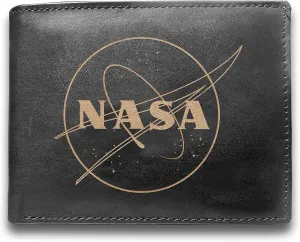 Nasa Genuine Cowhide Leather Laser Engraved Engraving Slimfold Mens Large Capacity Luxury Wallet Purse Minimalist Sleek and Slim Black Card Holder Organizer 14 Pockets
