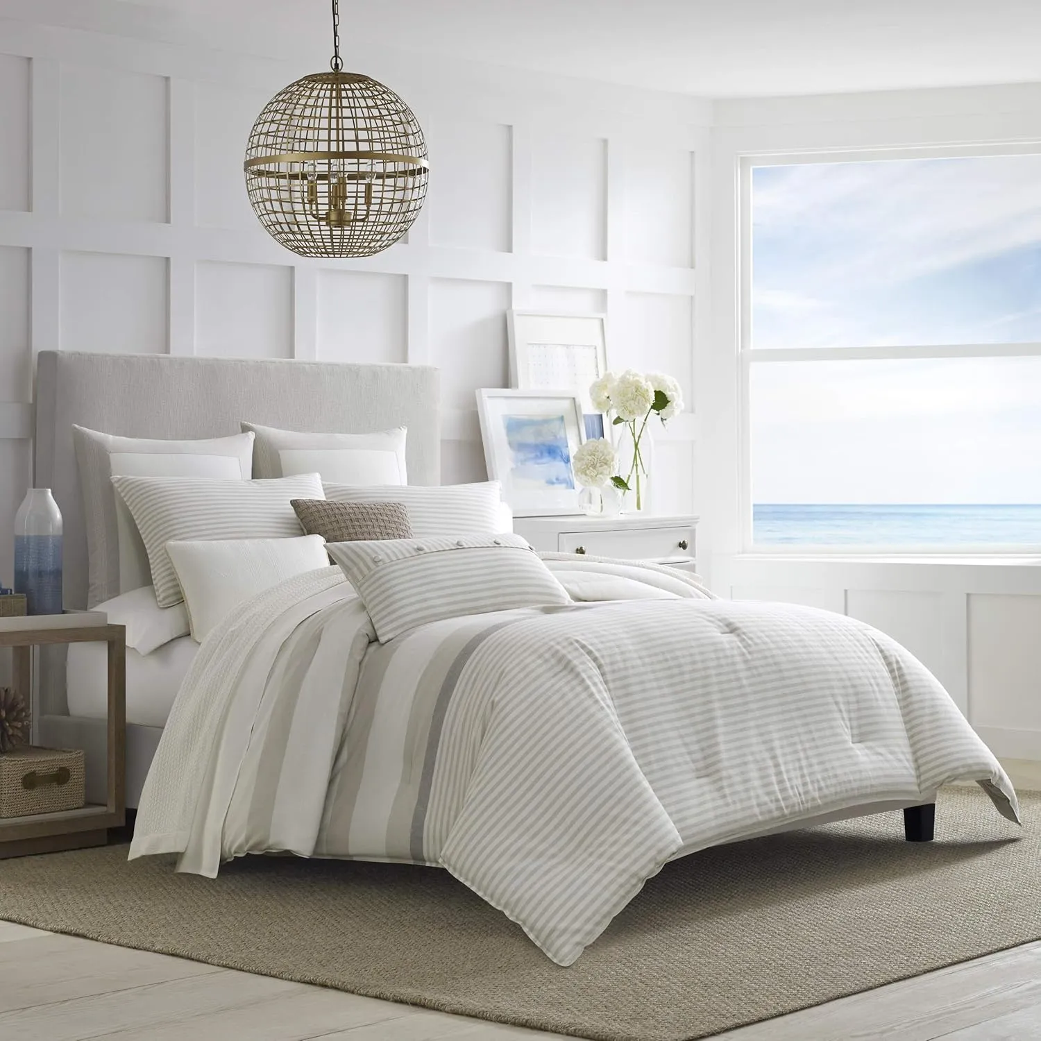 Nautica - Queen Comforter Set, Reversible Cotton Bedding with Matching Shams, Medium-Weight, Oeko-Tex Certified (Saybrook Beige)