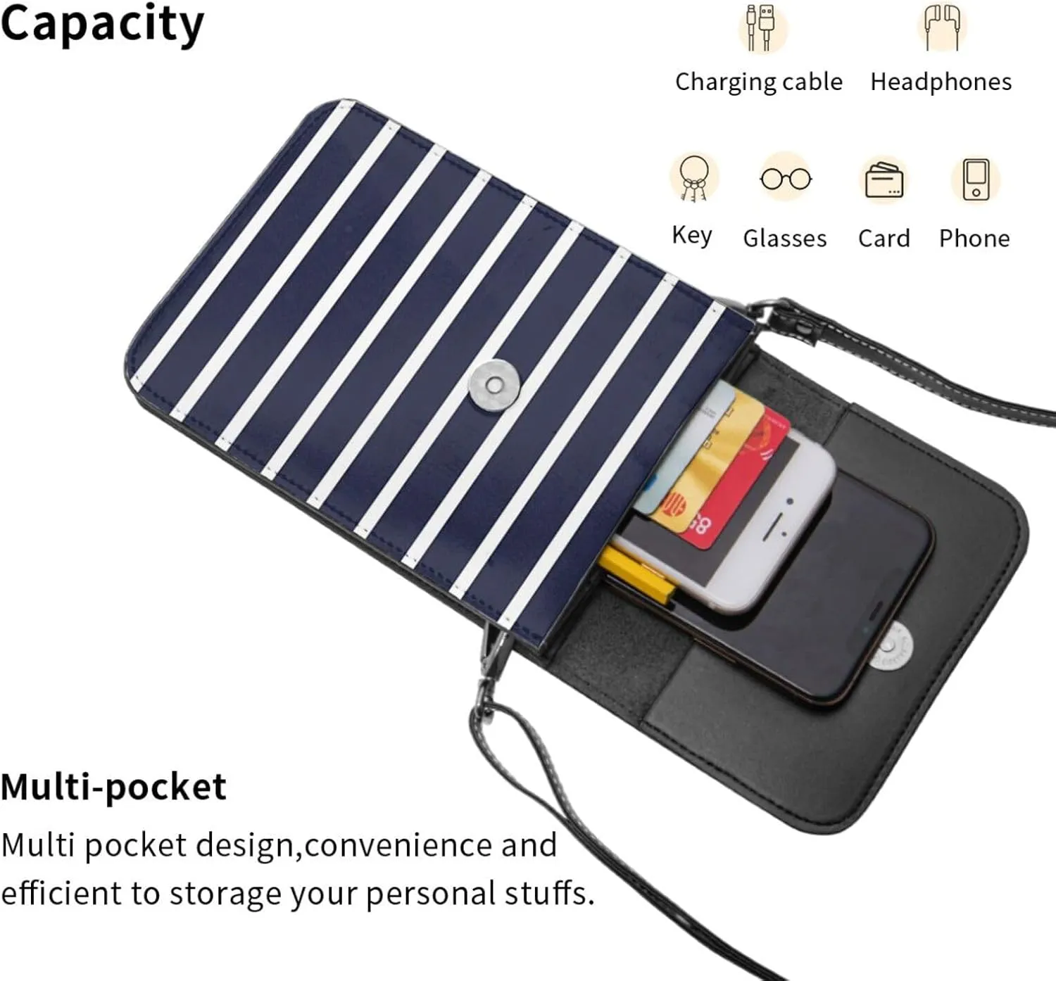 Navy Blue And White Stripes Leather Crossbody Phone Purse for Women Cute Wallet Bags Lightweight Mini Sling Bag