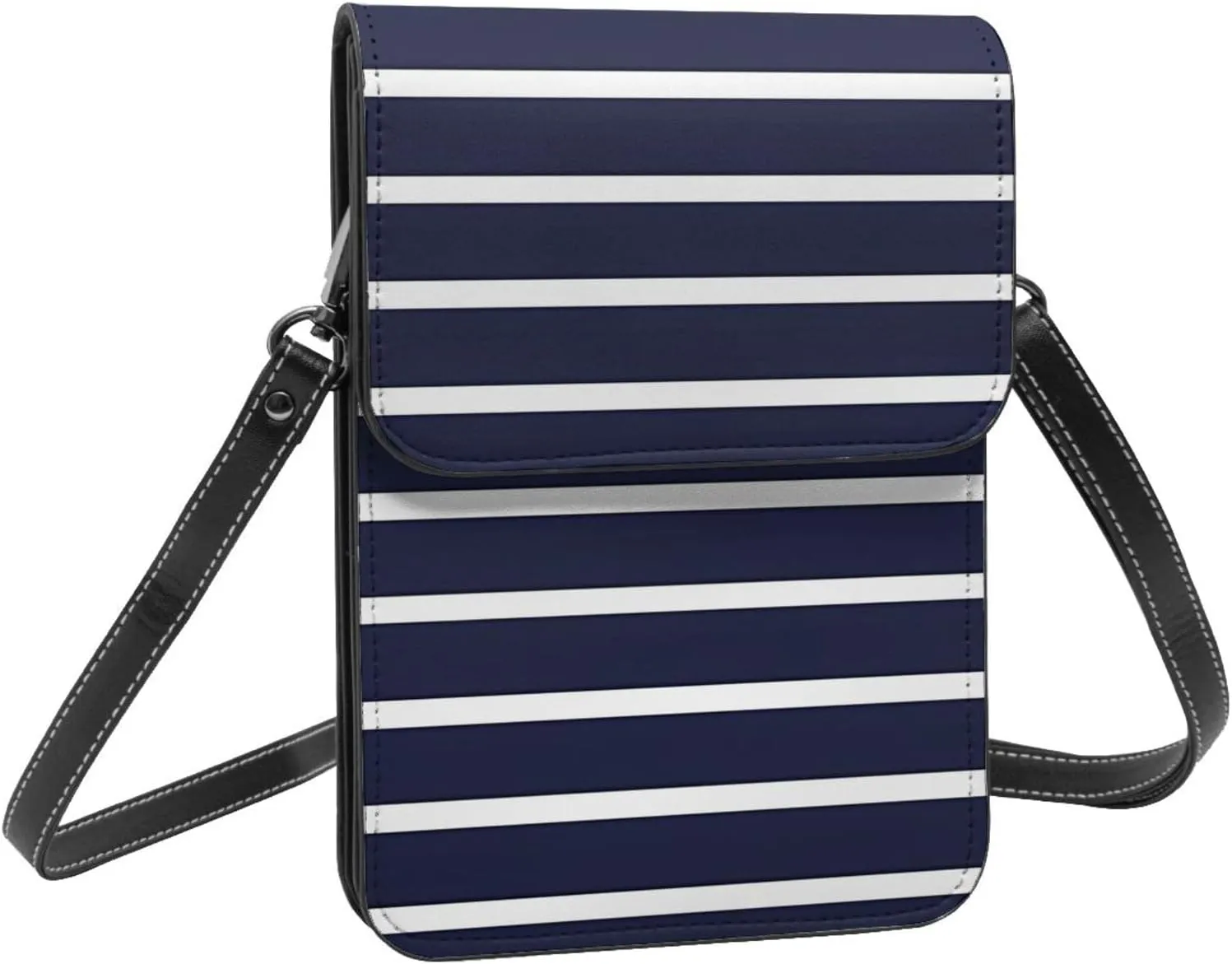 Navy Blue And White Stripes Leather Crossbody Phone Purse for Women Cute Wallet Bags Lightweight Mini Sling Bag